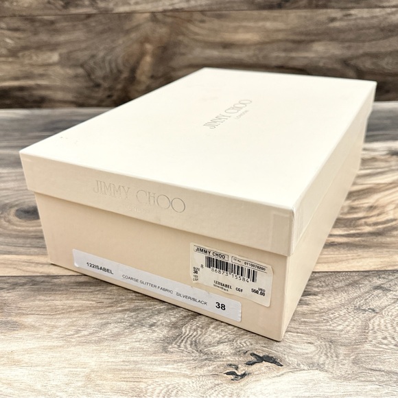 Jimmy Choo Isabel Coarse Glitter Fabric Silver/Black peep toe kitten heel EU 38 - Picture 13 of 14